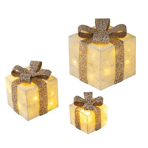 Bambelaa! Set di 3 Scatole Regalo Luminose a LED - Decorazioni Natalizie Oro con Timer