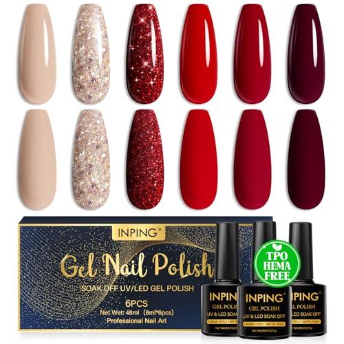 INPING Smalto Semipermanente HEMA-FREE TPO-FREE - Kit 6 Colori Nude, Glitter, Rosso
