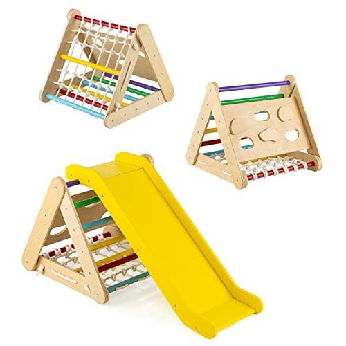 COSTWAY Set 4 in 1 Arrampicata per Bambini, Arrampicata a Triangolo con Scivolo, Set di Arrampicata in Legno per Interni e Esterni con Rete di Arrampicata, Carico 60kg, 1 Anni+ (Colorato)