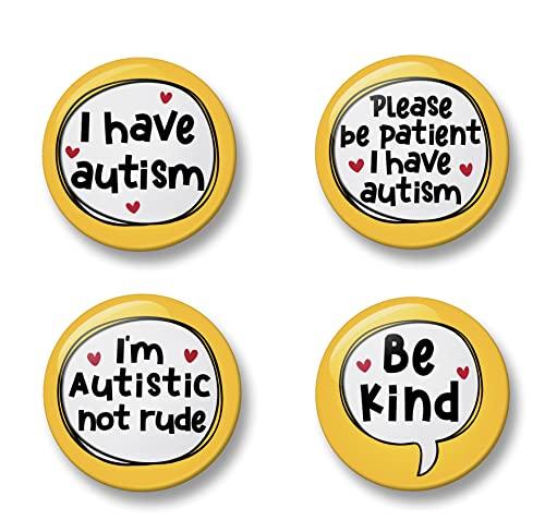 Autism Badge Set, 4 Badges, Badge Packs, 32 mm, I have autism, Please be patient I have autism, I am autistic not rude, Be kind