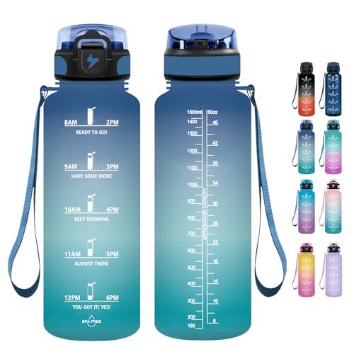Grsta Borraccia Sportiva 1500ml con Cannuccia e Indicatore Orario - Idratazione Ottimale per Fitness, Palestra, Ufficio - Senza BPA, Blu Verde