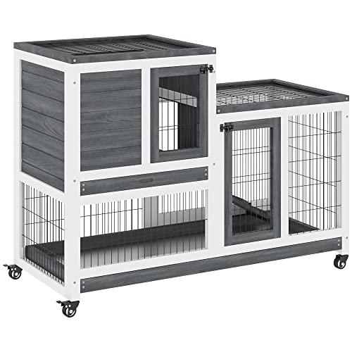 PawHut Conigliera da Interno in Legno con Ruote Grigio/Bianco 110x50x88cm