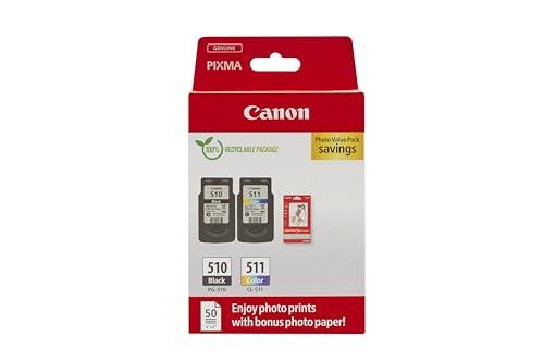 Canon PG-510/CL-511 VALUE Pacchetto di 2 Cartucce d'inchiostro (Nero colore) +50 fogli di carta fotografica 10x15cm Certificato (cartone riciclabile 2024)