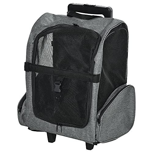 PawHut Trasportino Zaino 2 in 1 per Cani e Gatti con Tasche Laterali, Maniglia Telescopica e Ruote, 42x25x55cm, Grigio