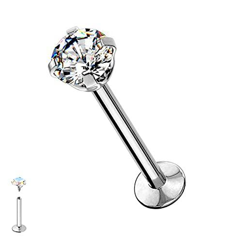 WARRIOR Piercing al Labbro/Labret Sterile Borchie per Orecchio Tragus Piercing Gioielli in Acciaio Chirurgico 316L 16G(1,2mm) con Cristallo Bianco 4 mm Lunghezza 8 mm Filettura Interna