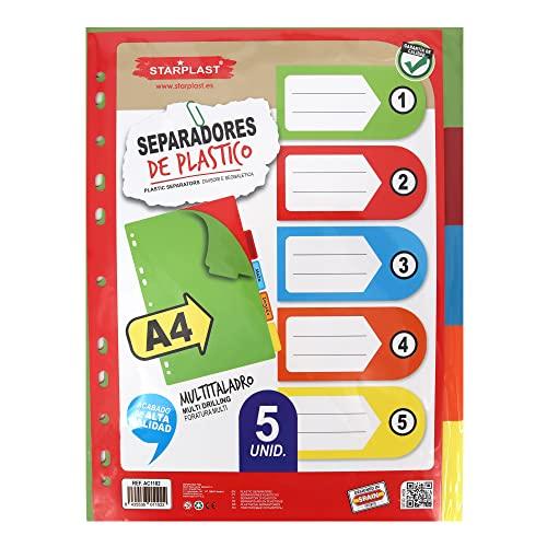 Starplast Confezione da 5 separatori a colori, per cartelle con 2 o 4 anelli, organizzatori, categorie, per uso scolastico o in ufficio.