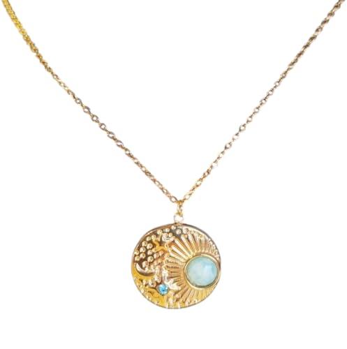 Collana Ciondolo Circolare Sole Luna Stelle Inciso Azzurro