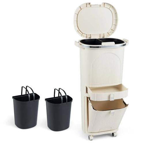 COSTWAY 42 L（12+12+14+4 L） Pattumiera Differenziata, Secchio Spazzatura a 3 Scomparti con Cassetto e Coperchi, 2 Secchi Rimovibili Pedale e Ruote, Bidoni Differenziata per Bagno Cucina Ufficio