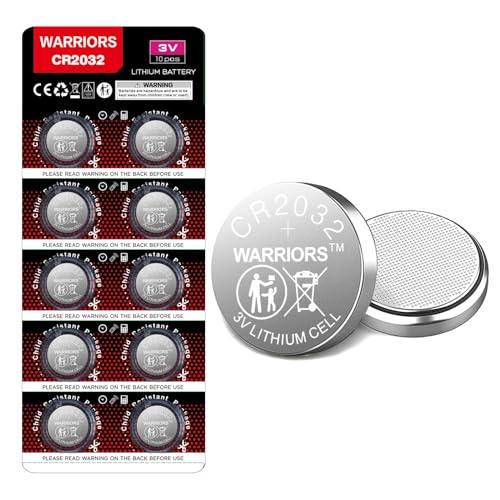 Warriors 10X 2032 Batteria Pile a bottone CR2032 Batterie 3V, capacità 240 mAh, per l'uso in portachiavi, bilance, dispositivi medici