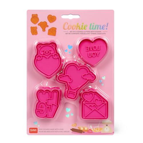 Legami - Formine per Biscotti Super Cute, Cookie Cutters, Set di 5 Forme Diverse con Timbro, Orsetto, Cuoricini e LOVE, Adatte anche ai Bambini
