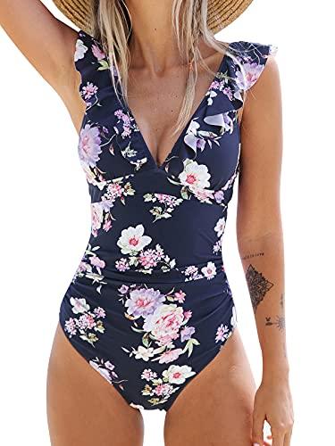 Cupshe Costume da bagno intero contenitivo da donna con volant e chiusura con lacci, motivo floreale blu navy