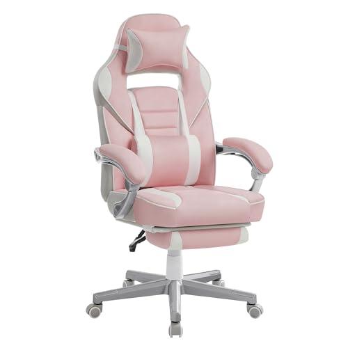 SONGMICS Sedia da Ufficio Ergonomica Rosa e Bianca con Poggiapiedi OBG073P01