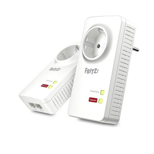 AVM FRITZ!Powerline 1220E Set Kit di 2 Adattatori con Presa Passante, Fino a 1200 Mbps, 2 Porte LAN Gigabit, Plug and Play, Eco Mode, Istruzioni in Italiano