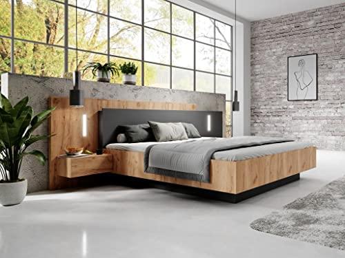 Letto matrimoniale Francoli con comodini integrati, LED e cassetti