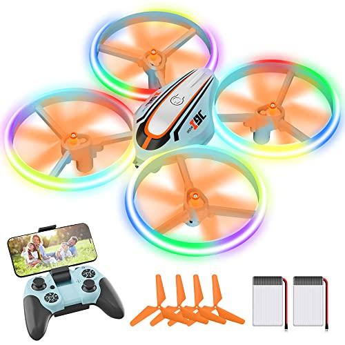 Drone con Telecamera per Bambini, Giocattolo Regalo Droni Telecomandati con Luce LED, RC Quadricottero Elicottero con Modalità Senza Testa, Funzione Hovering, 3D Flip e 2 Batterie