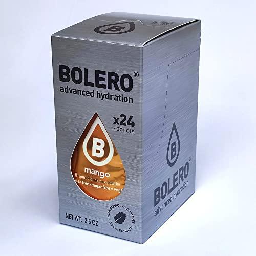 Bolero Drink 24 Bustine 3 gr grammi Sticks Frutta Preparato Polvere Solubile Per Bevanda Fresca in Acqua Prodotto, 72 grammi dolcificato alla stevia (Mango)
