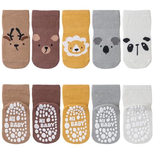 SockWaddles Calzini Antiscivolo per Bambini - 5 Paia di Calzini Neonati in Cotone Traspirante con Suola ABS, Calze Gattonanti con Animali (1-3 Anni)