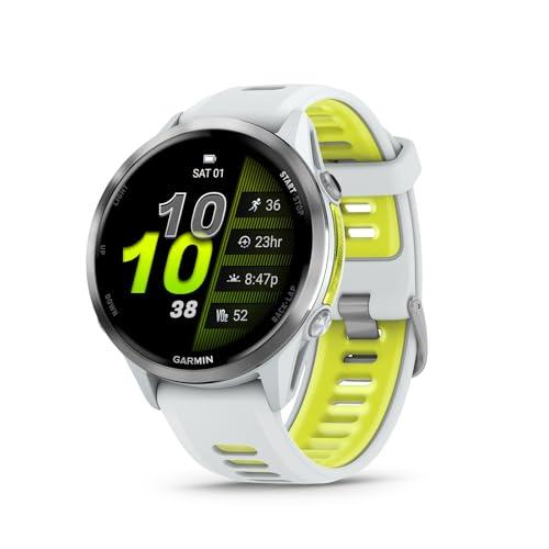 Garmin® Forerunner® 970 - Smartwatch GPS per corsa e triathlon, display AMOLED, torcia a LED integrata, in titanio con cassa in pietra bianca e banda gialla con amplificatore traslucido