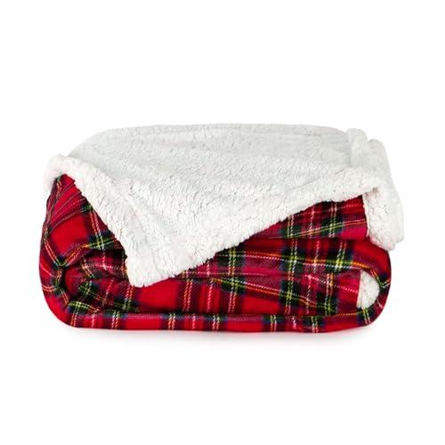 Caritex Coperta Plaid Tartan in Pile Coral e Sherpa Rosso Singolo 130x160 cm