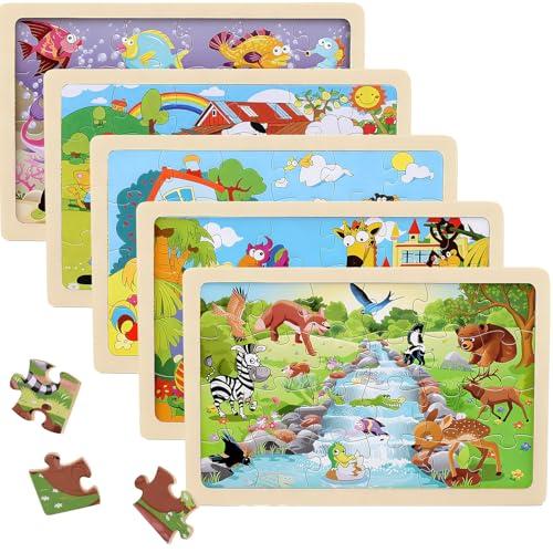 KELAV Puzzle Bambini 3 Anni,Puzzle Legno Bambini 5 X 24 Pezzi,Giochi Legno,Giocattoli Educativi Prescolari Regali di Animali dei Cartoni Animati per Adatto per Viaggiare
