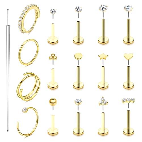 KRFY Set 16 Pezzi Piercing Orecchio Naso Oro Acciaio Chirurgico