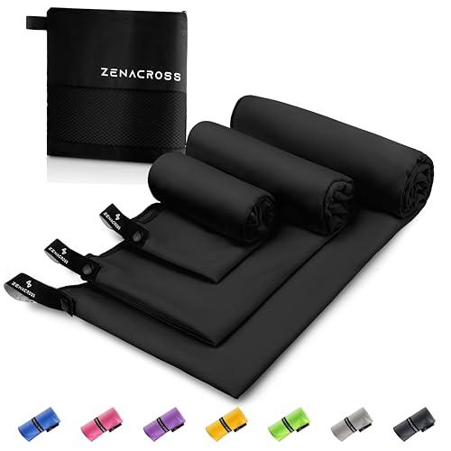 Zenacross Asciugamano Palestra (Set di 3) in Microfibra con Borsa - Asciugatura Rapida - Nero