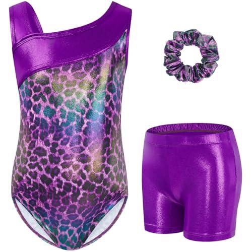 Gogokids - Set da ginnastica a tre pezzi per ragazze, body senza maniche con pantaloncini e fascia, vestito da ginnastica con design a colori scintillanti sfumati, età 3-12 anni, 140(130-140 cm,9-10Y)
