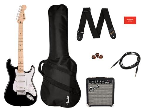 Squier Sonic Stratocaster Pack MN Black - Beginner Electric Guitar Kit, Include lezioni virtuali gratuite su Fender Play
