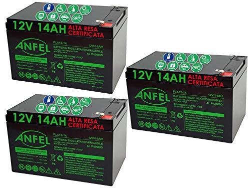 Kit 3 Batterie al Piombo Ricaricabile 12V 14Ah per Bici Elettriche e Monopattini