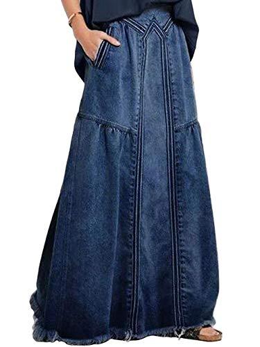 ebossy, Gonna lunga da donna in denim con elastico in vita sfrangiata, linea ad A, effetto invecchiato, stile hippie, Blu scuro, M