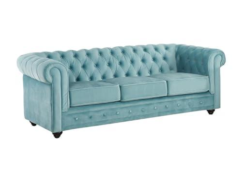 Divano Chesterfield 3 posti in velluto azzurro pastello