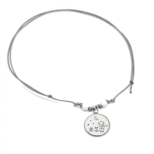 Collana Piccolo Principe volpe e rosa disegno in bianco e nero - collana girocollo con cordino cerato grigio