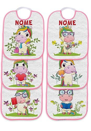 Set Asilo 6 Bavette Bavaglino Personalizzato - Unicorni Bordo Rosa