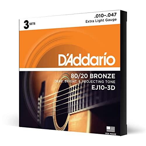 D’Addario - Corde per chitarra acustica, bronzo 80/20, per chitarra a 6 corde, tono profondo, vivace, prominente, EJ10-3D, ultra leggere, 10-47, 3 confezioni