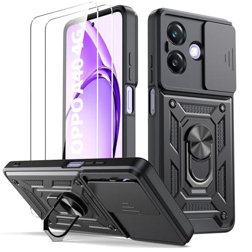 Oududianzi - Cover per Oppo A40 / A40M / A60 5G Custodia,[2 Pellicola Vetro Temperato] con Coperchio Scorrevole della Fotocamera, 360 ° staffa girevole e manicotto protettivo in silicone TPU - Nero