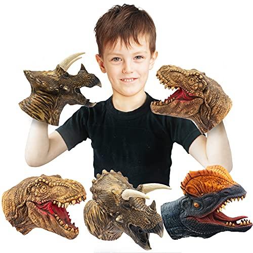 Giocattoli per Burattini a Mano, Gomma Morbida Realistico Testa di Dinosauro Tyrannosaurus Rex T-Rex Dilofosauro Triceratopo, Marionette Bambini Set di 3