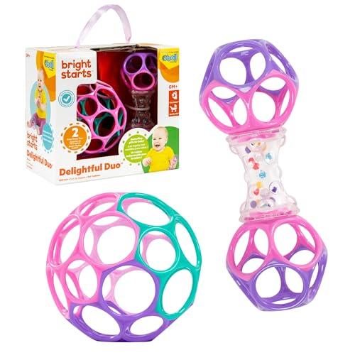 Bright Starts Delightful Duo Set Regalo 2 Pezzi con Sonagli Oball Facili da Afferrare, Giocattoli Neonato, Rosa