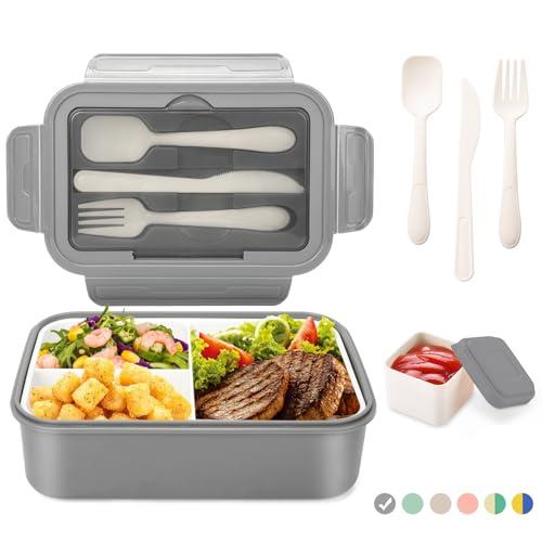 LUZOON Lunch Box 1400ml con Scomparti e Posate - Grigio