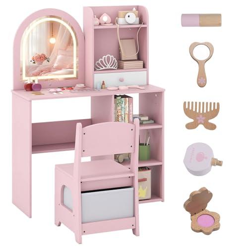 COSTWAY Toeletta Trucco per Bambina con Sgabello, Tavolo Trucco in Legno con Specchio Luci LED, Ripiani Aperti, 3 Ganci e Cassetto, Set Mobile da Principessa con 5 Giocattoli per 3+ Anni (Rosa)