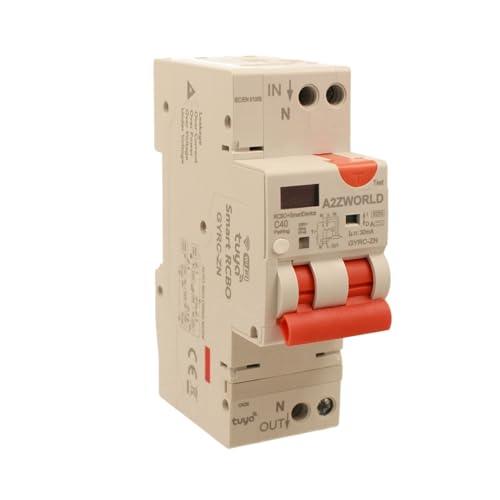 Interruttore Differenziale Magnetotermico WiFi con Riarmo Automatico e Display, Tipo A Curva C 30mA 220V, Corrente Nominale Regolabile 20-40A, 2 Moduli DIN, App Tuya Smart Life