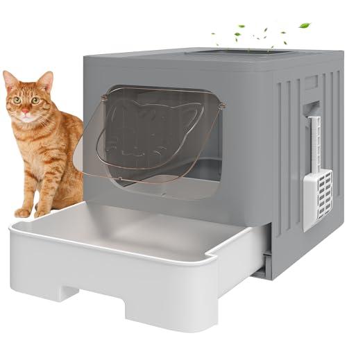 PawHut Lettiera Gatto Chiusa M 60L con Coperchio, Facile da Pulire, Grigio