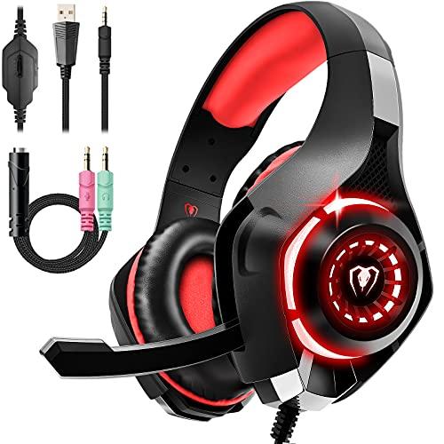 Tatybo Cuffie Gaming per PS4 PS5 PC Xbox One Bass Deep con Microfono Cancellazione del Rumore con 3.5mm Jack (Rosso)