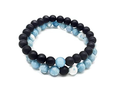 Set Coppia Bracciali della Distanza in Onice Nera e Larimar
