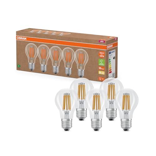 OSRAM Lampade LED ad alta efficienza con classe di efficienza energetica A, Confezione vantaggiosa con 5 lampadine, sostituzione 100W, bianco caldo (2700K), E27, vetro a filamento