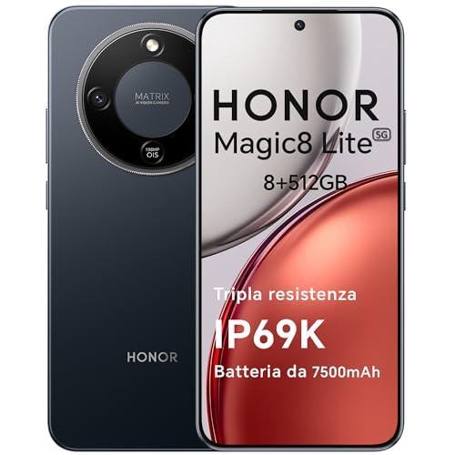 HONOR Magic8 Lite Smartphone 5G, 8+512GB, Tripla Resistenza-IP69K, 7500 mAh, Fotocamera AI 108 MP con OIS, Display AMOLED da 6.79 Pollici Cellulari, AI Intelligente, Dual SIM, NFC, Midnight Black