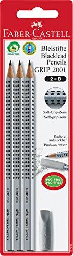 Faber-Castell 117097 - Set di matite GRIP 2001, grado di durezza B, 3 pezzi con una gomma