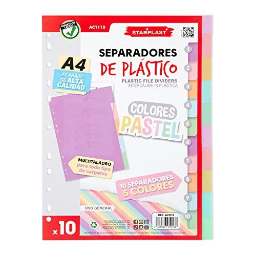Confezione da 10 separatori StarPLAST - Confezione da 10 separatori a colori pastello, per raccoglitori con 2 o 4 anelli, organizer, rubriche, per scuola o ufficio.