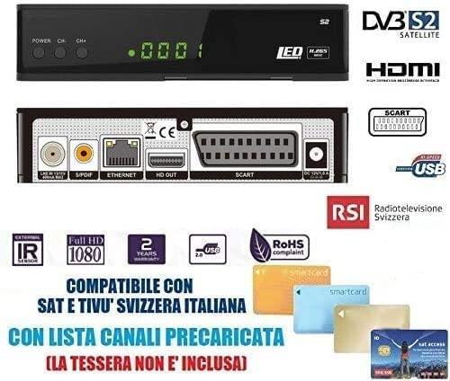 ANFEL Decoder Satellitare Full HD Compatibile Con Tivu satellitare e Tv Svizzera Italiana S2 DVB-S2 HEVC H265 MAIN 10,Telecomando Universale 2 in 1 per il ricevitore e la TV