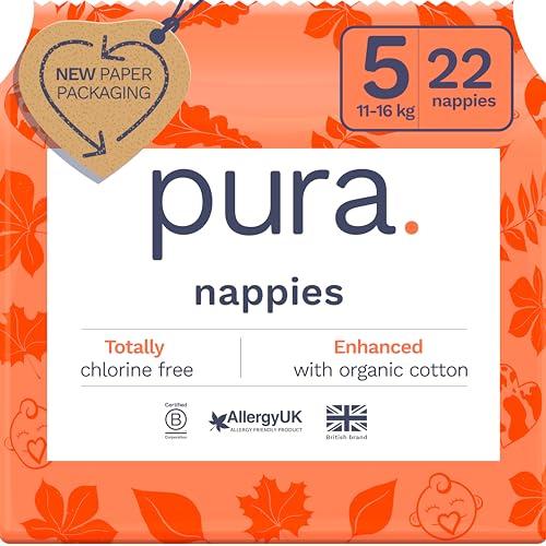 Pura Pannolini Eco Baby - Taglia 5 (11-16 kg), 1 confezione (22 pannolini), pannolini ultra morbidi per pelli sensibili, cotone biologico, fino a 12 ore di protezione dalle perdite, nuova guida alle