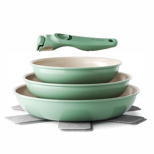 Redchef Set di Padelle con Manico Rimovibile, Padella in Ceramica con Antiaderente in Granito, Adatto All’Induzione, Padella 20, 24, 28 cm, Salvaspazio, Senza Ptfe & Pfoa & Pfas, Verde
